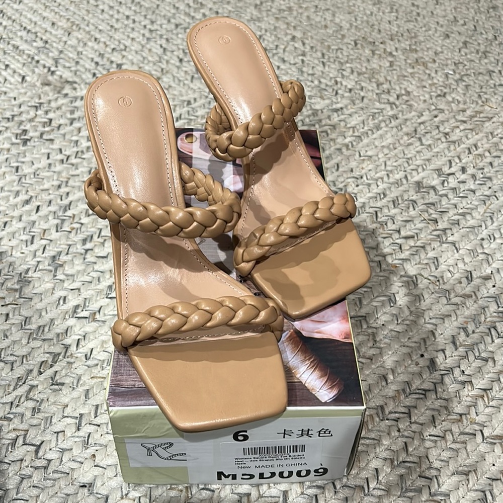 NIB-Tan Square Toe Braided Strappy Slip On Heels